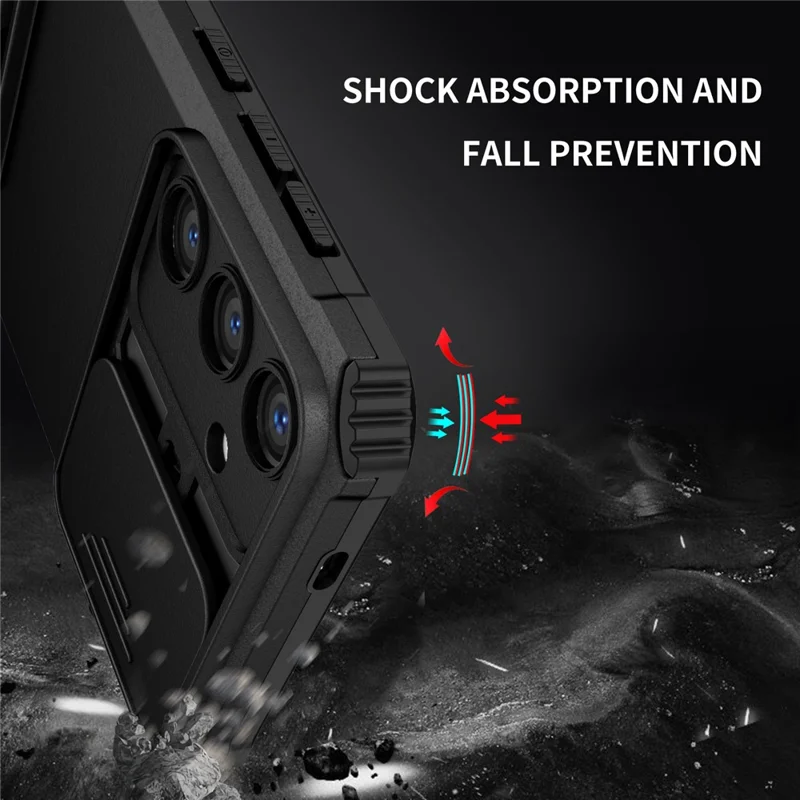 For Samsung Galaxy A57 5G Case Camera Slider PC + TPU Phone Cover with Kickstand - Black