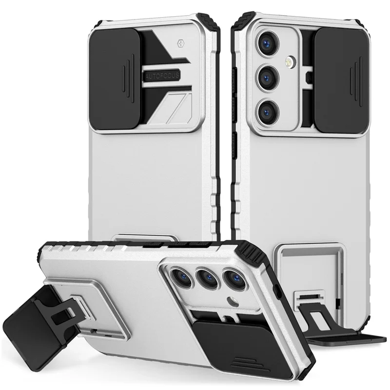 Funda para Samsung Galaxy A57 5G con cámara deslizante y tapa PC + TPU con soporte integrado - Plata