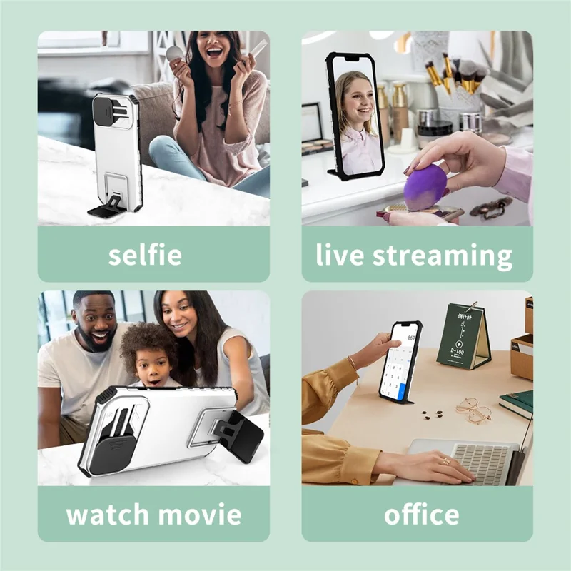 Funda para Samsung Galaxy A57 5G con cámara deslizante y tapa PC + TPU con soporte integrado - Plata