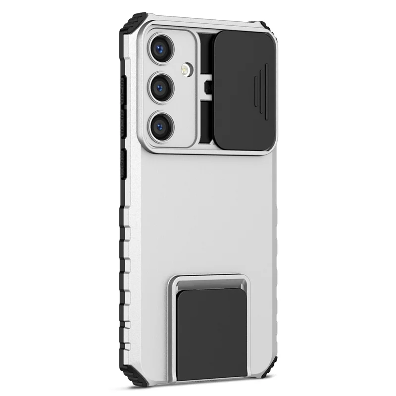 Funda para Samsung Galaxy A57 5G con cámara deslizante y tapa PC + TPU con soporte integrado - Plata