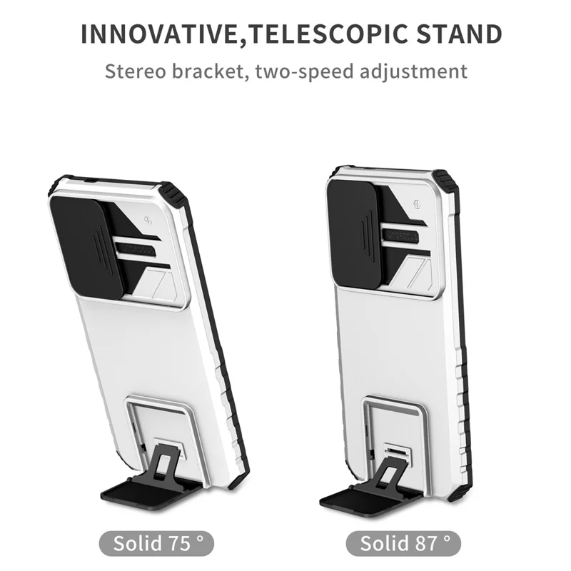 Funda para Samsung Galaxy A57 5G con cámara deslizante y tapa PC + TPU con soporte integrado - Plata