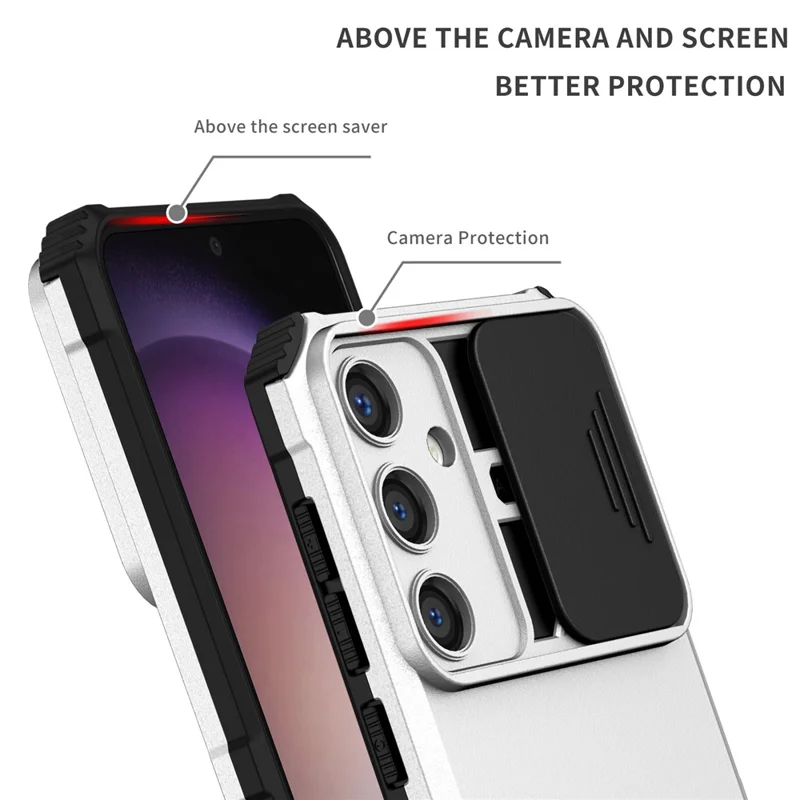 Funda para Samsung Galaxy A57 5G con cámara deslizante y tapa PC + TPU con soporte integrado - Plata