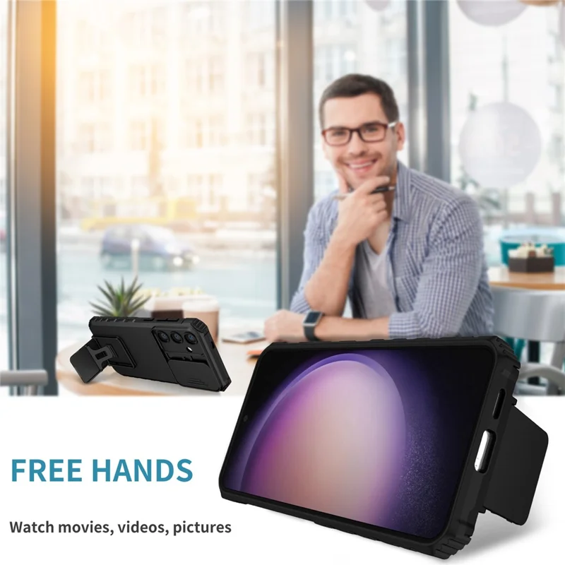 Funda para Samsung Galaxy A37 5G con cámara deslizante y tapa PC + TPU con soporte integrado - Negro