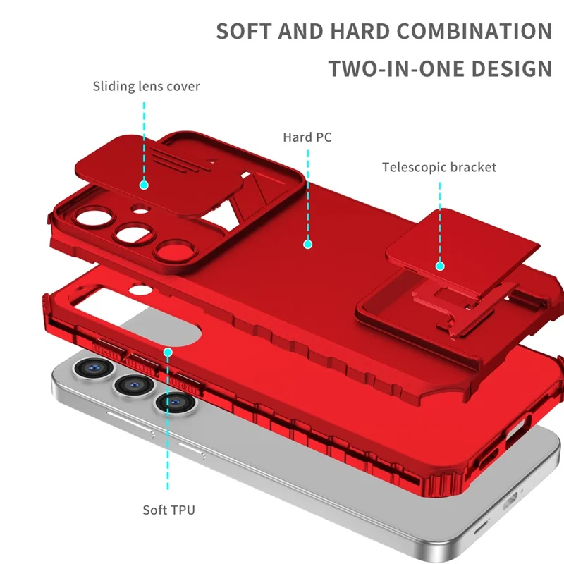 For Samsung Galaxy A37 5G Case Camera Slider PC + TPU Phone Cover with Kickstand - Red