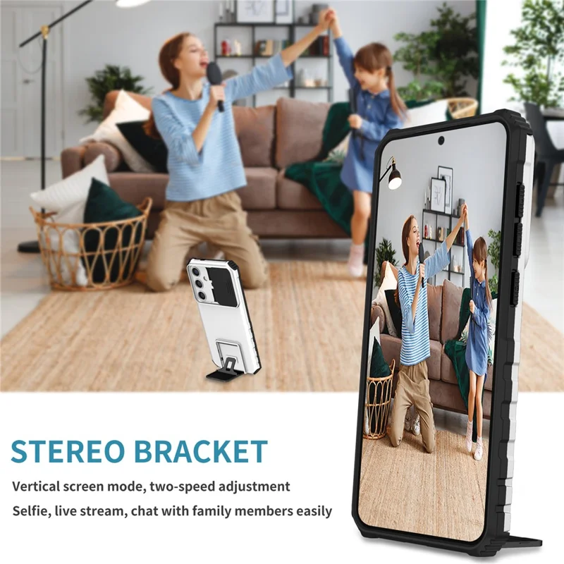 Capa para Samsung Galaxy S25 FE com Câmara Deslizante PC + TPU e Suporte com Pega - Prata