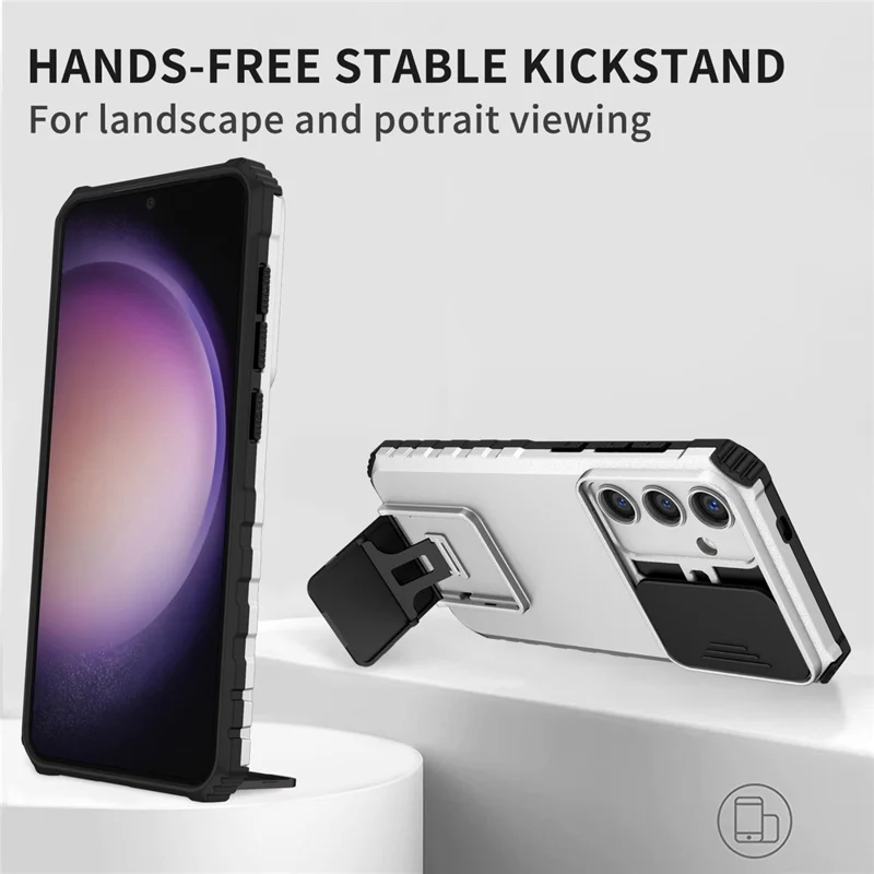 Capa para Samsung Galaxy S25 FE com Câmara Deslizante PC + TPU e Suporte com Pega - Prata