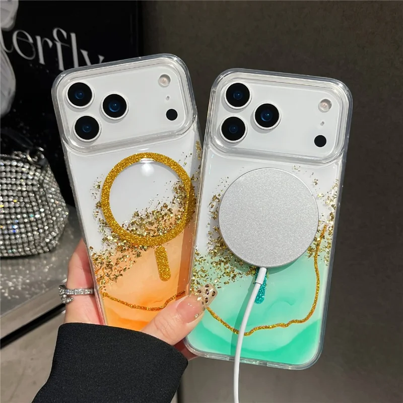 For iPhone 17 Pro Max Magnetic Case Compatible with MagSafe Gold Foil Glitter 2.5mm Epoxy TPU Phone Cover - Green