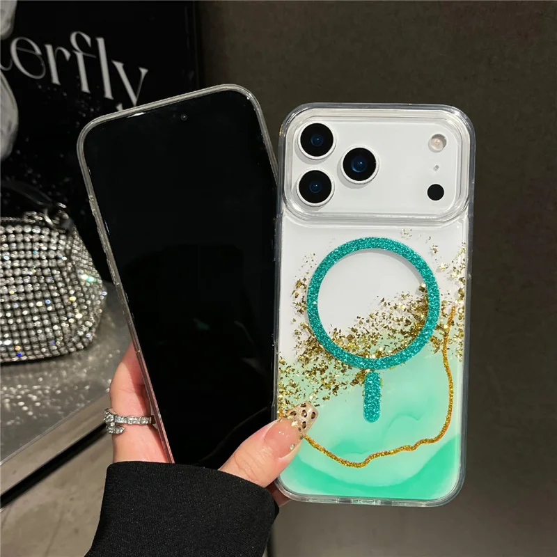 For iPhone 17 Pro Max Magnetic Case Compatible with MagSafe Gold Foil Glitter 2.5mm Epoxy TPU Phone Cover - Green