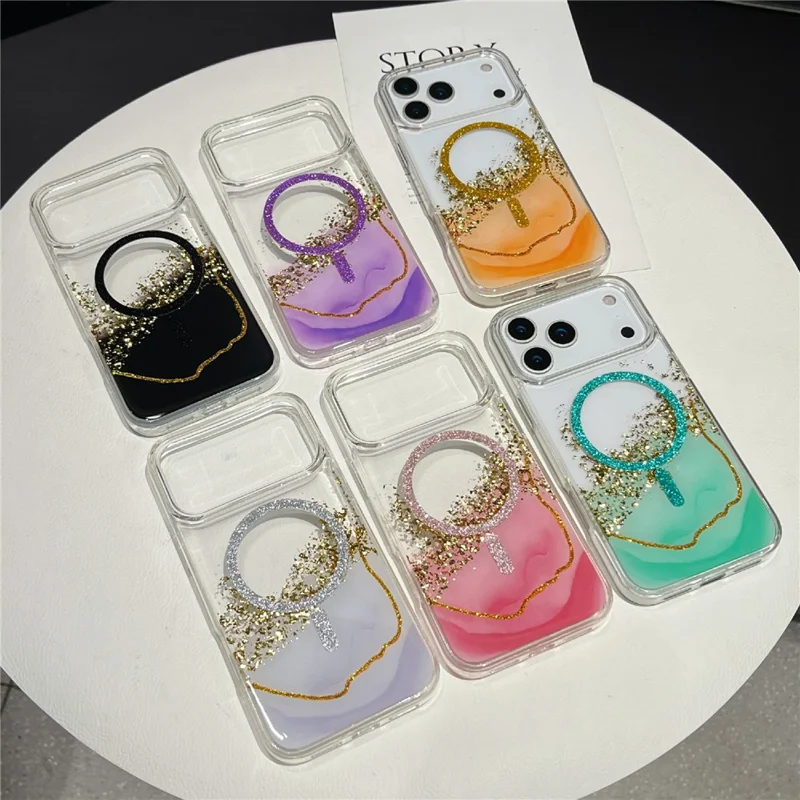For iPhone 17 Pro Max Magnetic Case Compatible with MagSafe Gold Foil Glitter 2.5mm Epoxy TPU Phone Cover - Green