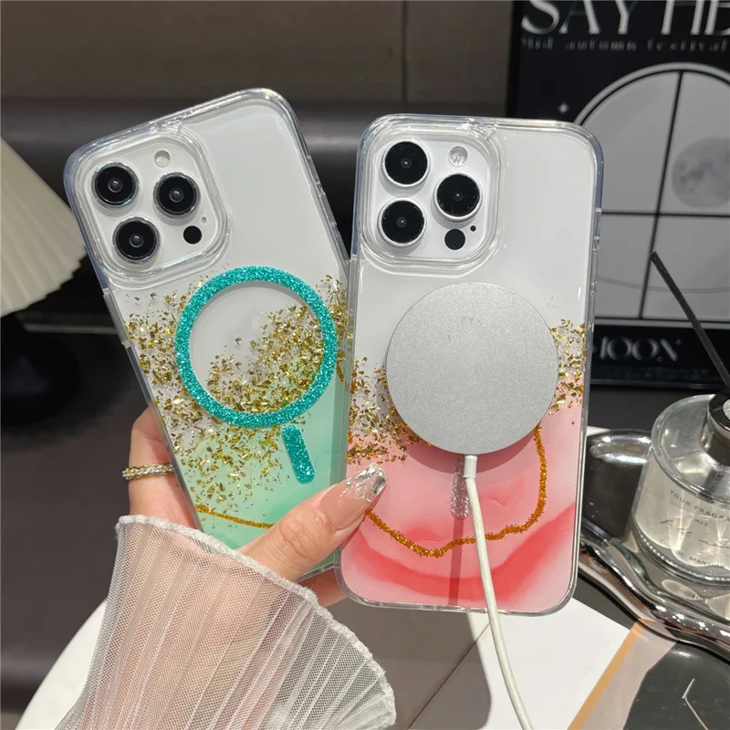 For iPhone 16 Pro Max Magnetic Case Compatible with MagSafe Gold Foil Glitter 2.5mm Epoxy TPU Phone Cover - Green