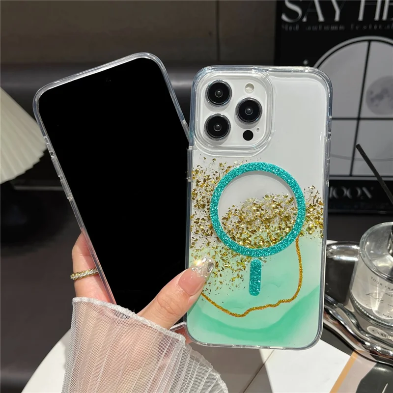 For iPhone 16 Pro Max Magnetic Case Compatible with MagSafe Gold Foil Glitter 2.5mm Epoxy TPU Phone Cover - Green