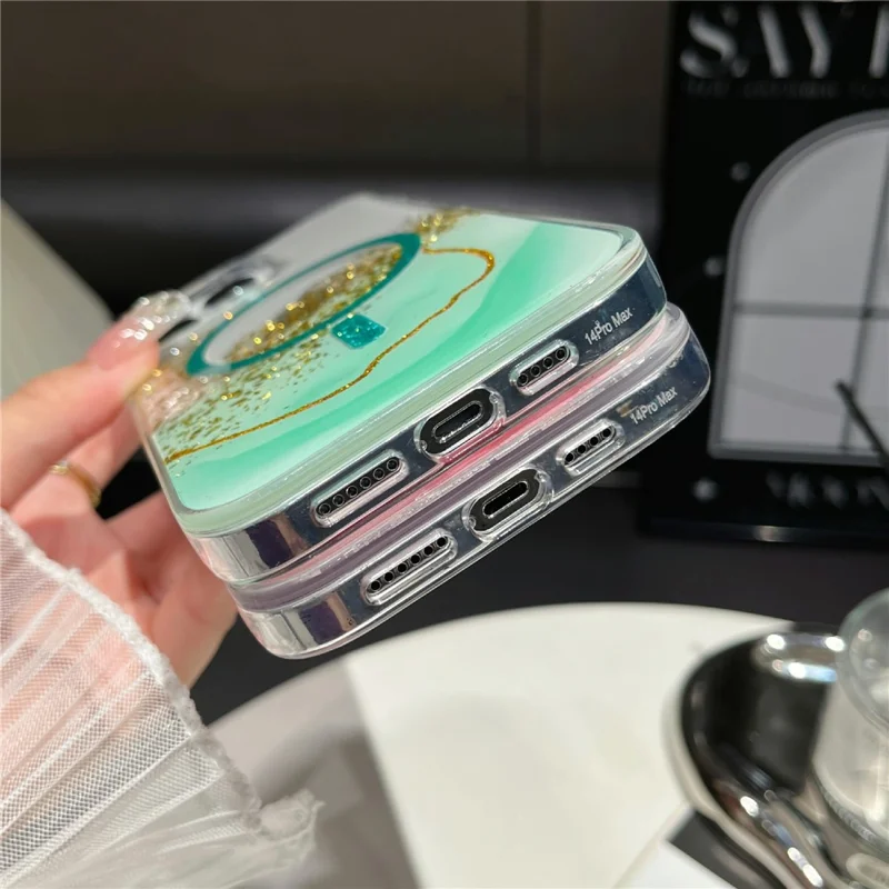 For iPhone 16 Pro Max Magnetic Case Compatible with MagSafe Gold Foil Glitter 2.5mm Epoxy TPU Phone Cover - Green