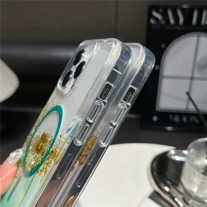 For iPhone 16 Pro Max Magnetic Case Compatible with MagSafe Gold Foil Glitter 2.5mm Epoxy TPU Phone Cover - Green