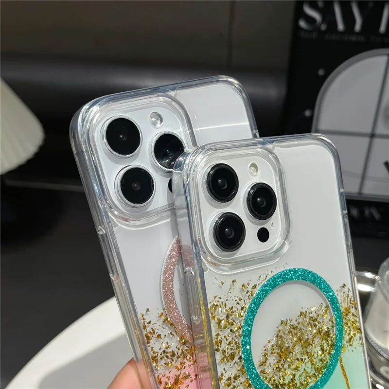For iPhone 16 Pro Max Magnetic Case Compatible with MagSafe Gold Foil Glitter 2.5mm Epoxy TPU Phone Cover - Green
