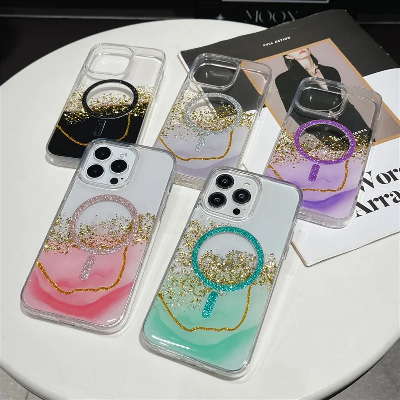 For iPhone 16 Pro Magnetic Case Compatible with MagSafe Gold Foil Glitter 2.5mm Epoxy TPU Phone Cover - Black