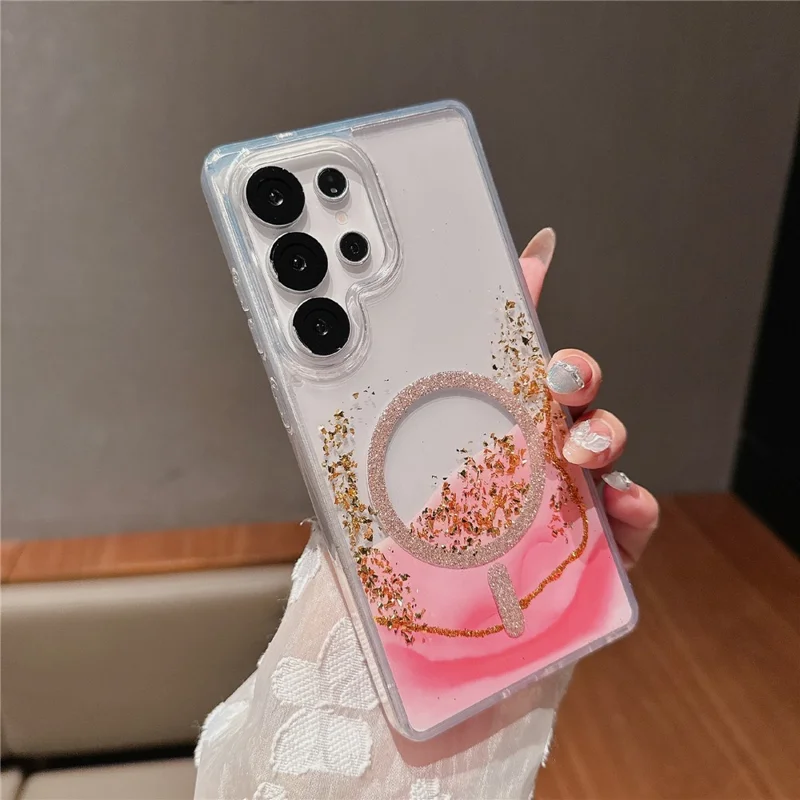 For Samsung Galaxy S24 Ultra Magnetic Case Gold Foil Glitter 2.5mm Epoxy TPU Phone Cover - Red