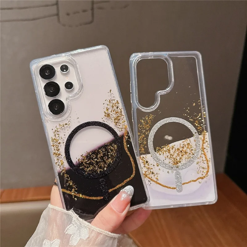 For Samsung Galaxy S24 Ultra Magnetic Case Gold Foil Glitter 2.5mm Epoxy TPU Phone Cover - Red