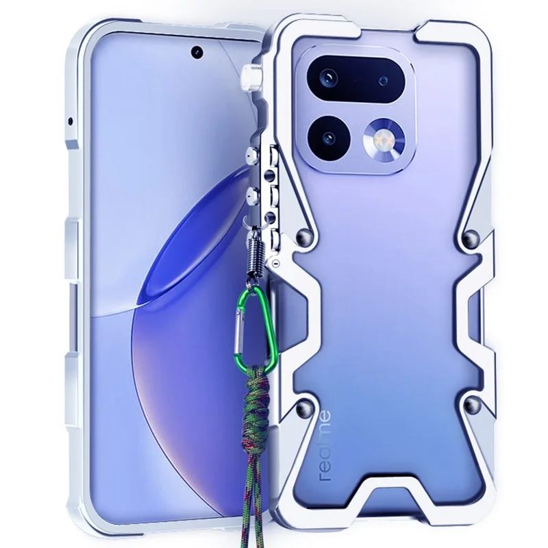 For Realme 16 Pro 5G Bumper Case Aluminium Alloy Metal Phone Shell Cover with Strap - Silver