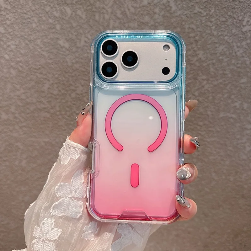 Coque pour iPhone 17 Pro compatible avec MagSafe, couleur dégradée, TPU + PC, coque arrière transparente - Bleu bébé / Rose