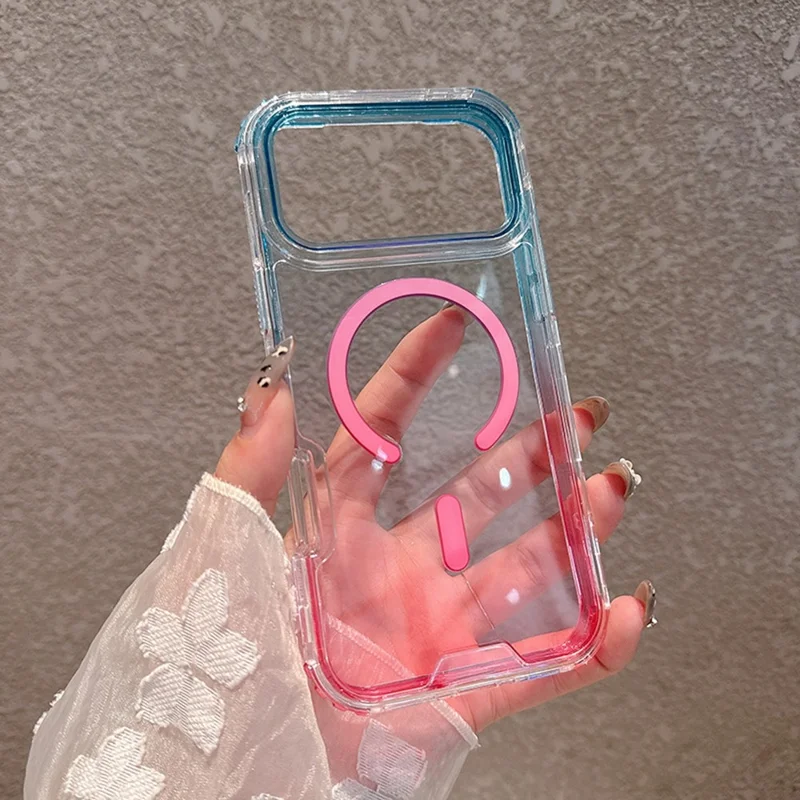 Coque pour iPhone 17 Pro compatible avec MagSafe, couleur dégradée, TPU + PC, coque arrière transparente - Bleu bébé / Rose