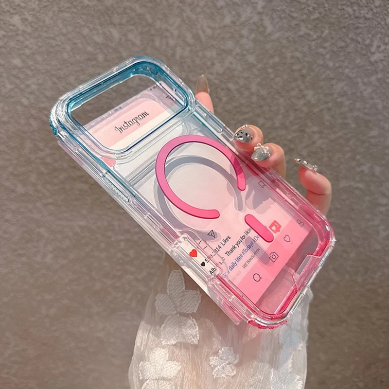 Coque pour iPhone 17 Pro compatible avec MagSafe, couleur dégradée, TPU + PC, coque arrière transparente - Bleu bébé / Rose