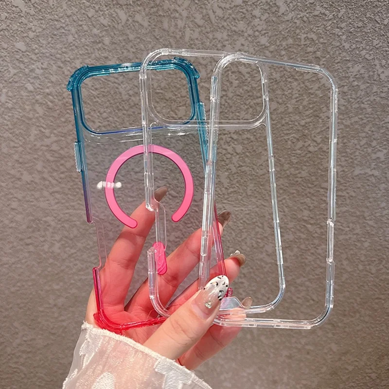 Coque pour iPhone 17 Pro compatible avec MagSafe, couleur dégradée, TPU + PC, coque arrière transparente - Bleu bébé / Rose