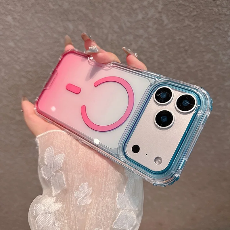Coque pour iPhone 17 Pro compatible avec MagSafe, couleur dégradée, TPU + PC, coque arrière transparente - Bleu bébé / Rose