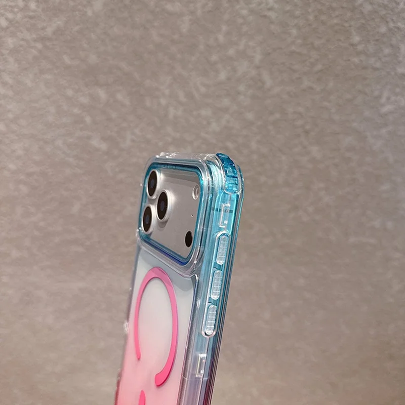 Coque pour iPhone 17 Pro compatible avec MagSafe, couleur dégradée, TPU + PC, coque arrière transparente - Bleu bébé / Rose