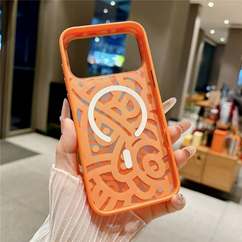 For iPhone 17 Pro Max Magnetic Case Compatible with MagSafe TPU PC Graffiti Phone Cover - Orange