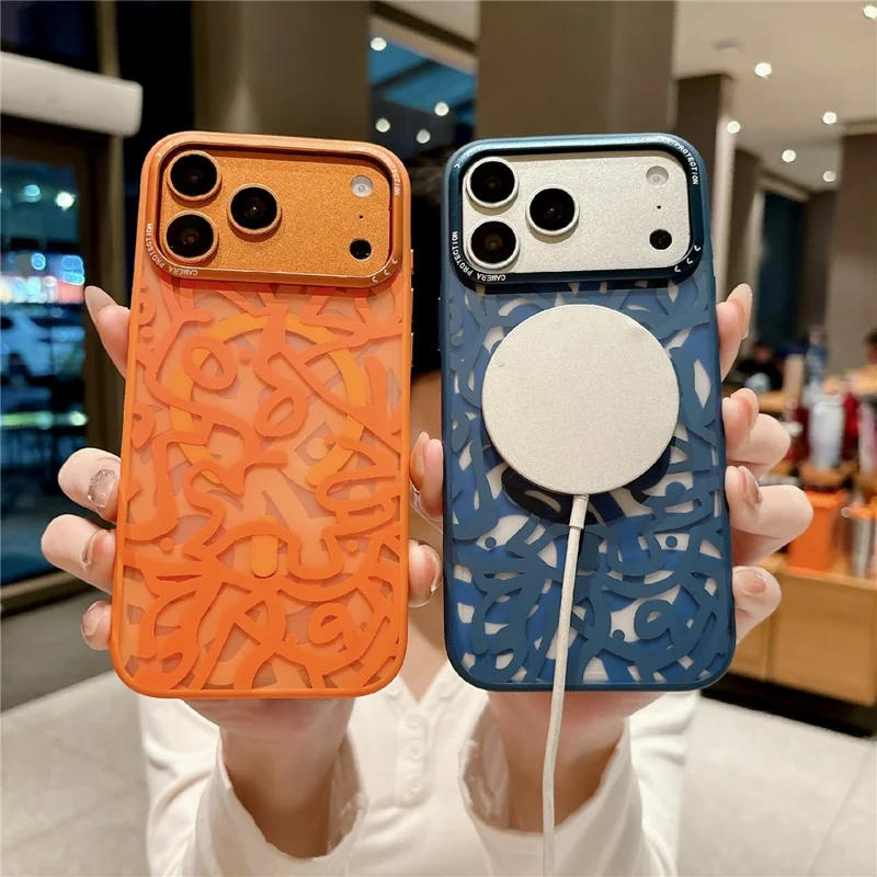 For iPhone 17 Pro Magnetic Case Compatible with MagSafe TPU PC Graffiti Phone Cover - Orange