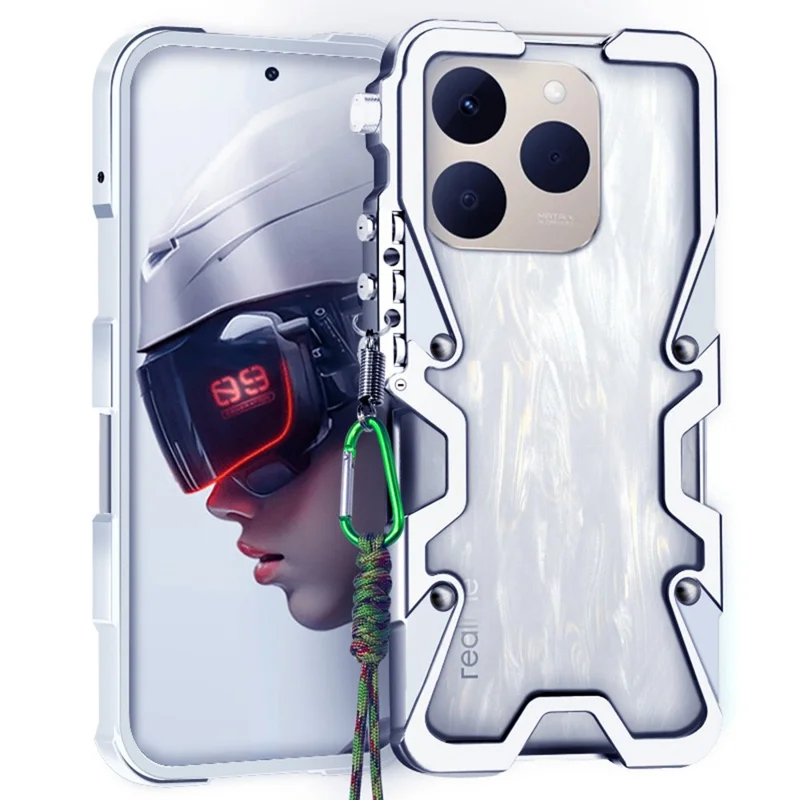 For Realme 15T 5G Bumper Case Aluminium Alloy Metal Phone Shell Cover with Strap - Silver