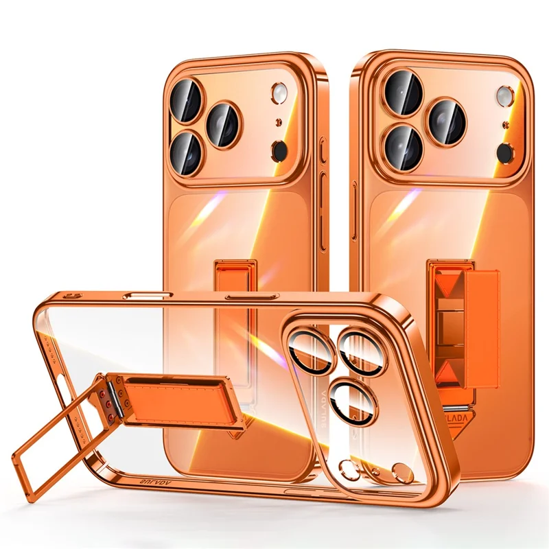 SULADA For iPhone 17 Pro Max Case Ultra Thin Electroplated PC Phone Cover with Wristband Kickstand and Lens Film - Orange