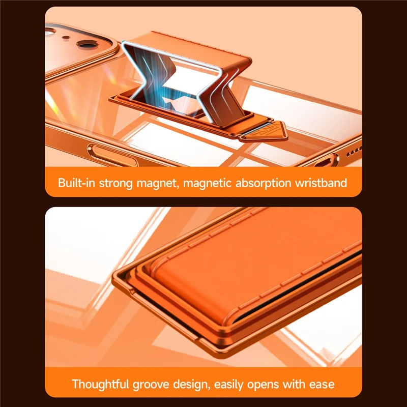SULADA For iPhone 17 Pro Max Case Ultra Thin Electroplated PC Phone Cover with Wristband Kickstand and Lens Film - Orange