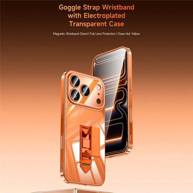 SULADA For iPhone 17 Pro Max Case Ultra Thin Electroplated PC Phone Cover with Wristband Kickstand and Lens Film - Orange