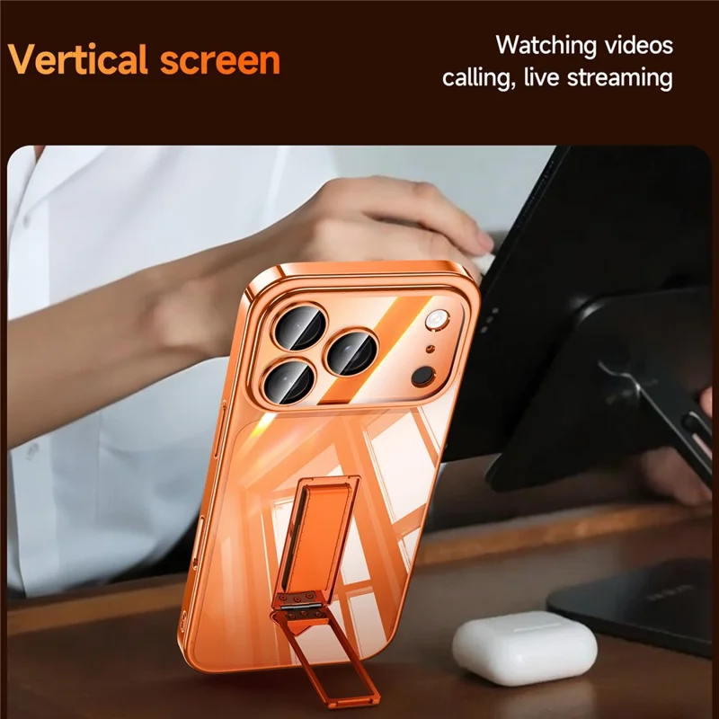 SULADA For iPhone 17 Pro Max Case Ultra Thin Electroplated PC Phone Cover with Wristband Kickstand and Lens Film - Orange