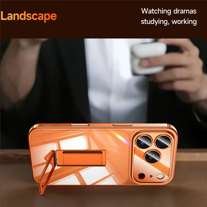 SULADA For iPhone 17 Pro Max Case Ultra Thin Electroplated PC Phone Cover with Wristband Kickstand and Lens Film - Orange