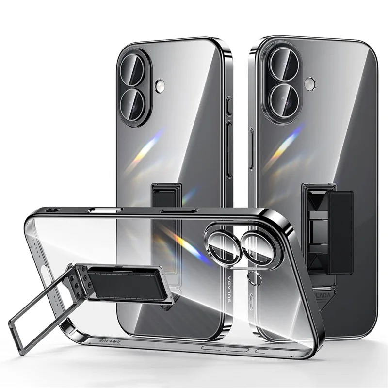 SULADA For iPhone 16 Case Ultra Thin Electroplated PC Phone Cover with Wristband Kickstand and Lens Film - Black