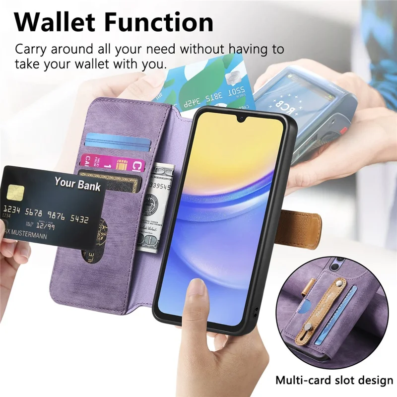 Чехол-кошелек для Samsung Galaxy A07 4G из ретро-кожи с браслетом-подставкой — фиолетовый