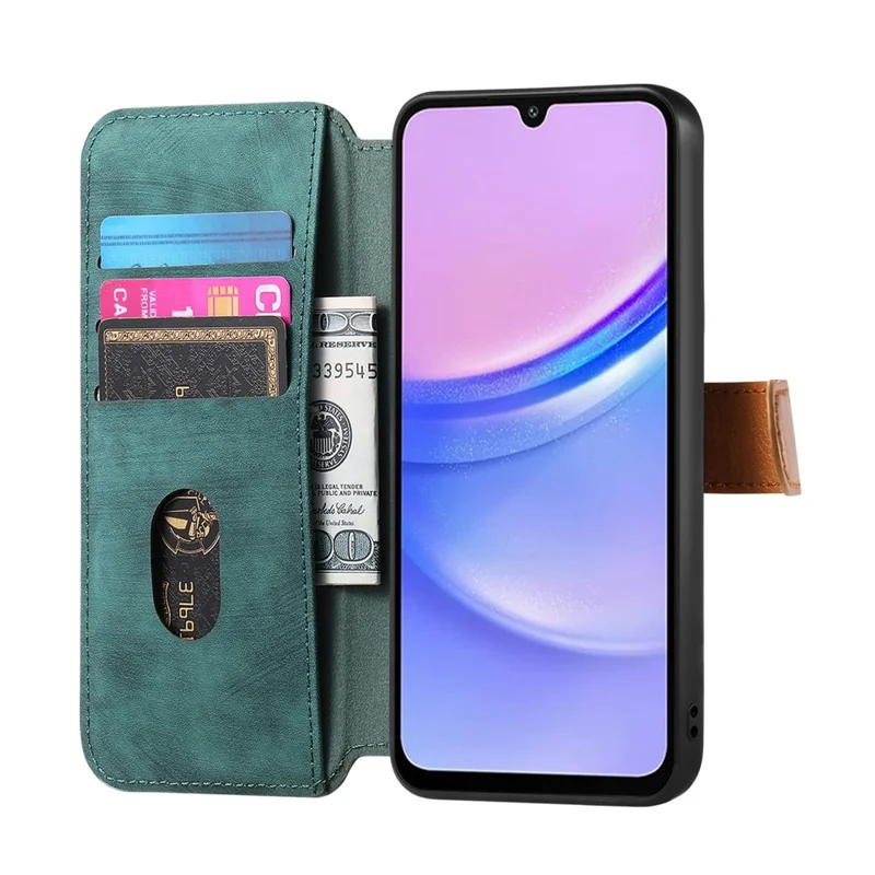Samsung Galaxy S25 FE Hülle mit Geldbörse, Retro-Leder-Handyhülle mit Armband und Ständer - Grün