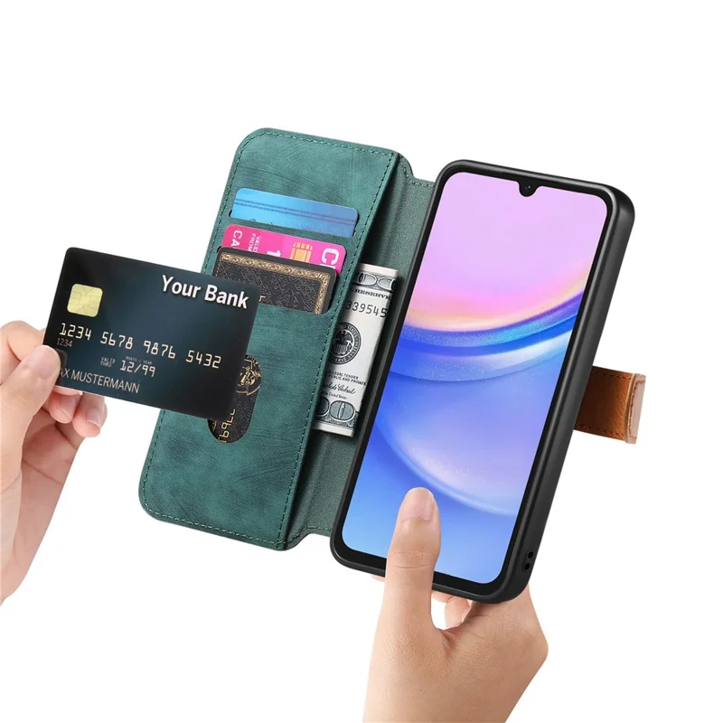 Samsung Galaxy S25 FE Hülle mit Geldbörse, Retro-Leder-Handyhülle mit Armband und Ständer - Grün