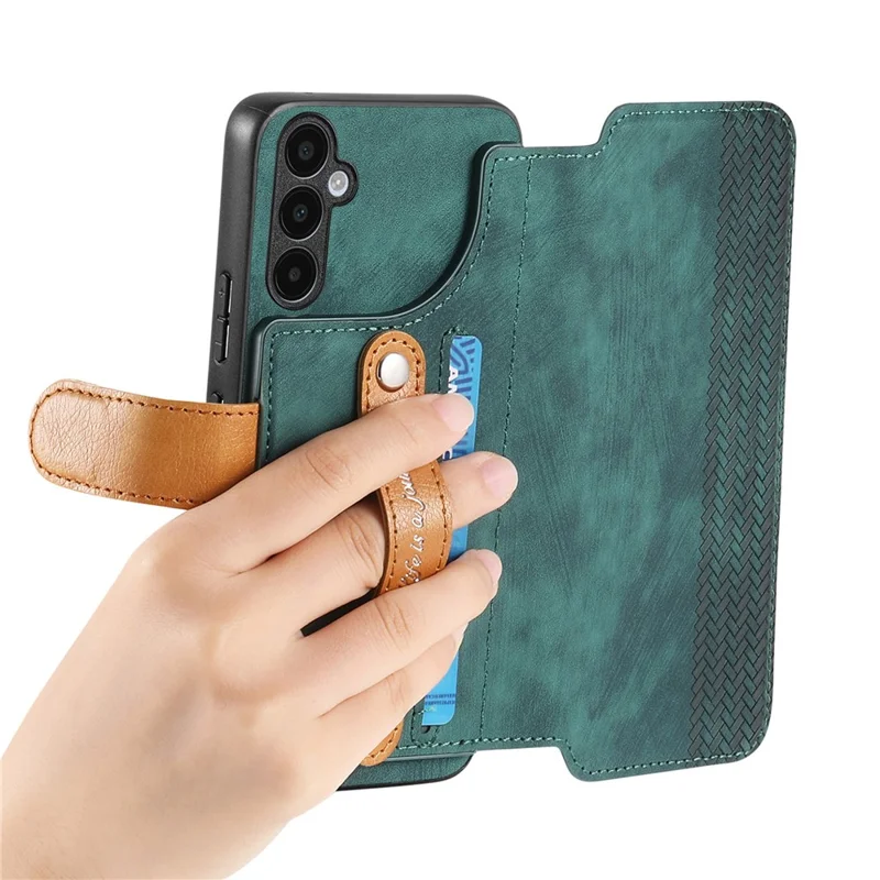 Samsung Galaxy S25 FE Hülle mit Geldbörse, Retro-Leder-Handyhülle mit Armband und Ständer - Grün