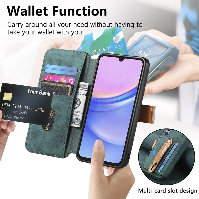 Samsung Galaxy S25 FE Hülle mit Geldbörse, Retro-Leder-Handyhülle mit Armband und Ständer - Grün