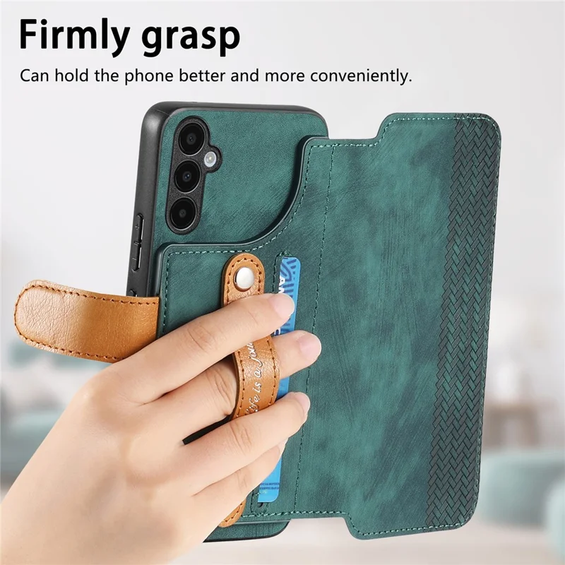Samsung Galaxy S25 FE Hülle mit Geldbörse, Retro-Leder-Handyhülle mit Armband und Ständer - Grün