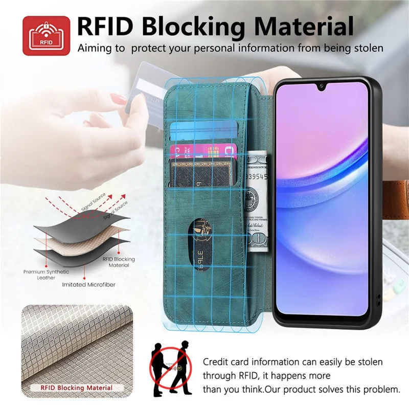 Samsung Galaxy S25 FE Hülle mit Geldbörse, Retro-Leder-Handyhülle mit Armband und Ständer - Grün