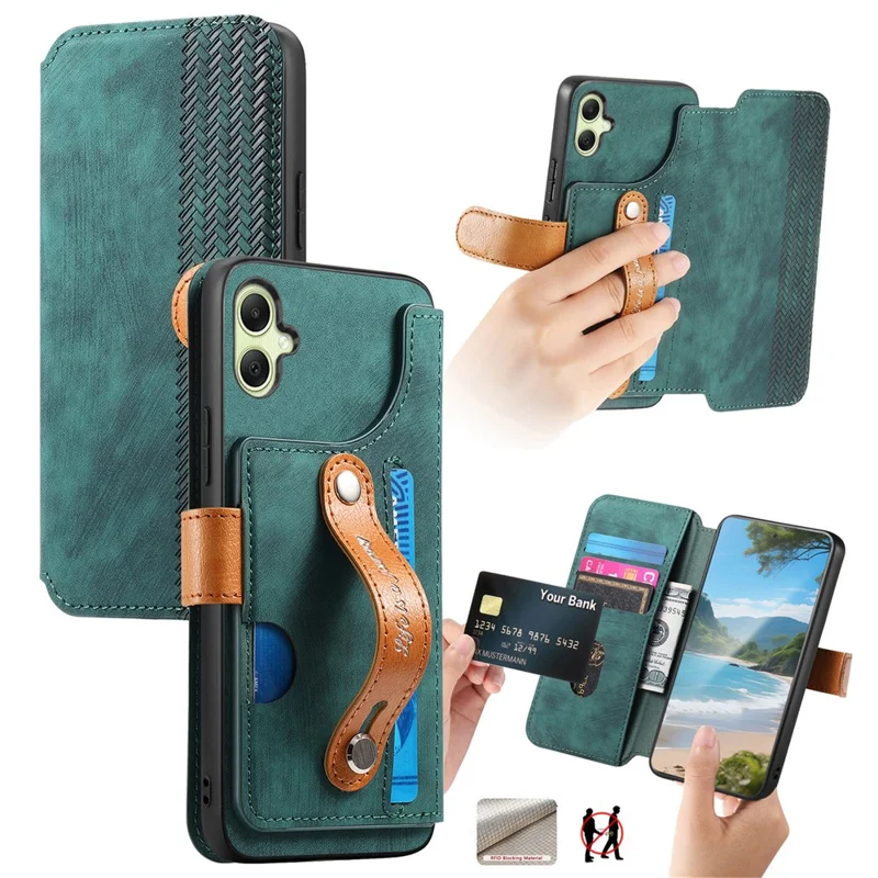 For Samsung Galaxy A06 4G Case Wallet Retro Leather Phone Cover with Wristband Kickstand - Green