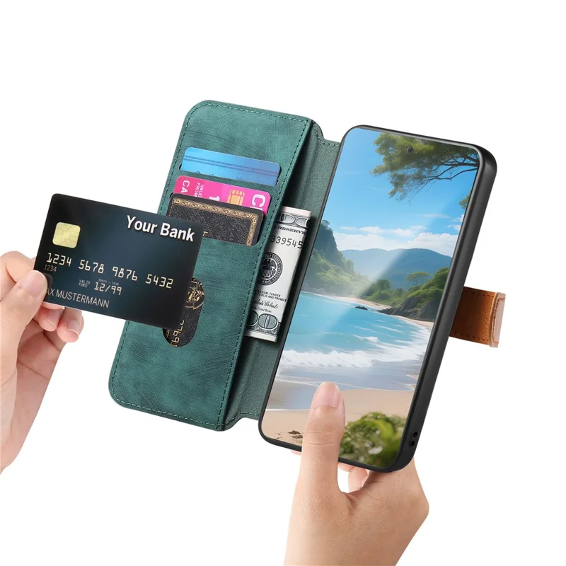 For Samsung Galaxy A06 4G Case Wallet Retro Leather Phone Cover with Wristband Kickstand - Green
