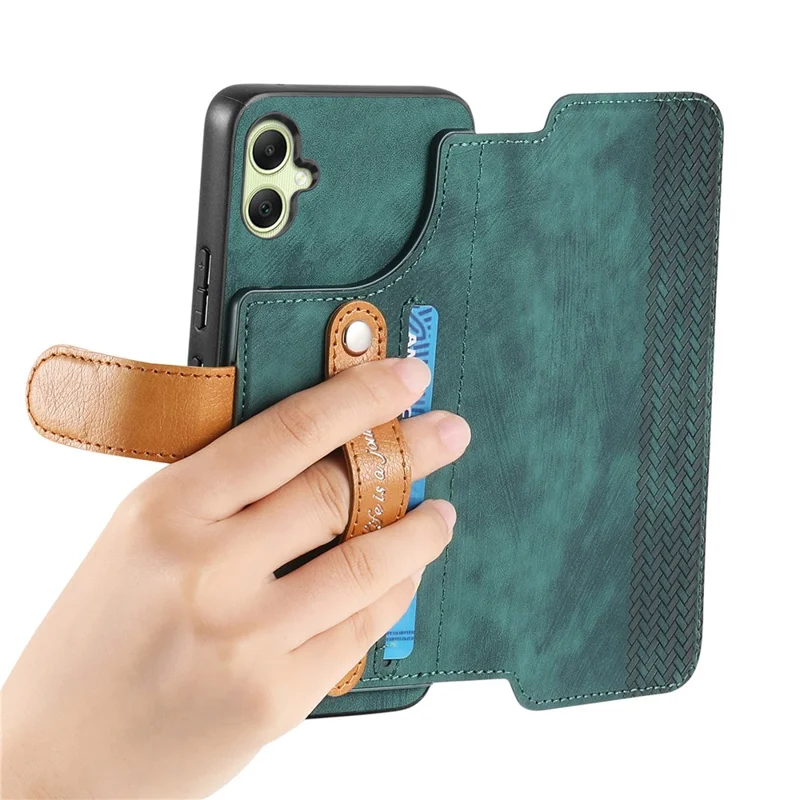 For Samsung Galaxy A06 4G Case Wallet Retro Leather Phone Cover with Wristband Kickstand - Green