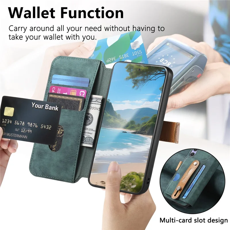 For Samsung Galaxy A06 4G Case Wallet Retro Leather Phone Cover with Wristband Kickstand - Green