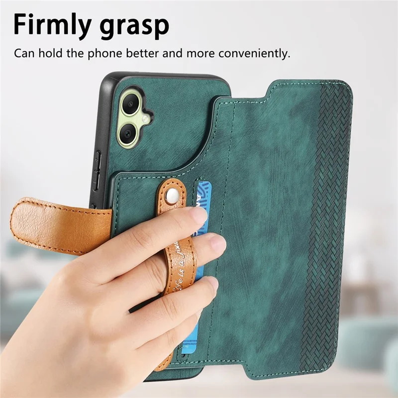 For Samsung Galaxy A06 4G Case Wallet Retro Leather Phone Cover with Wristband Kickstand - Green