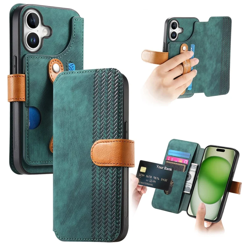 For iPhone 17 Case Wallet Retro Leather Phone Cover with Wristband Kickstand - Green